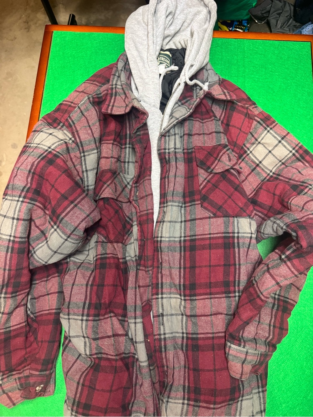 Field & Stream Red and Gray Plaid Hooded Shirt Jacket